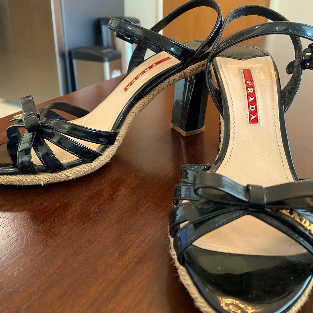 Prada block Heel (Black with Espadrille lining) - Size 5